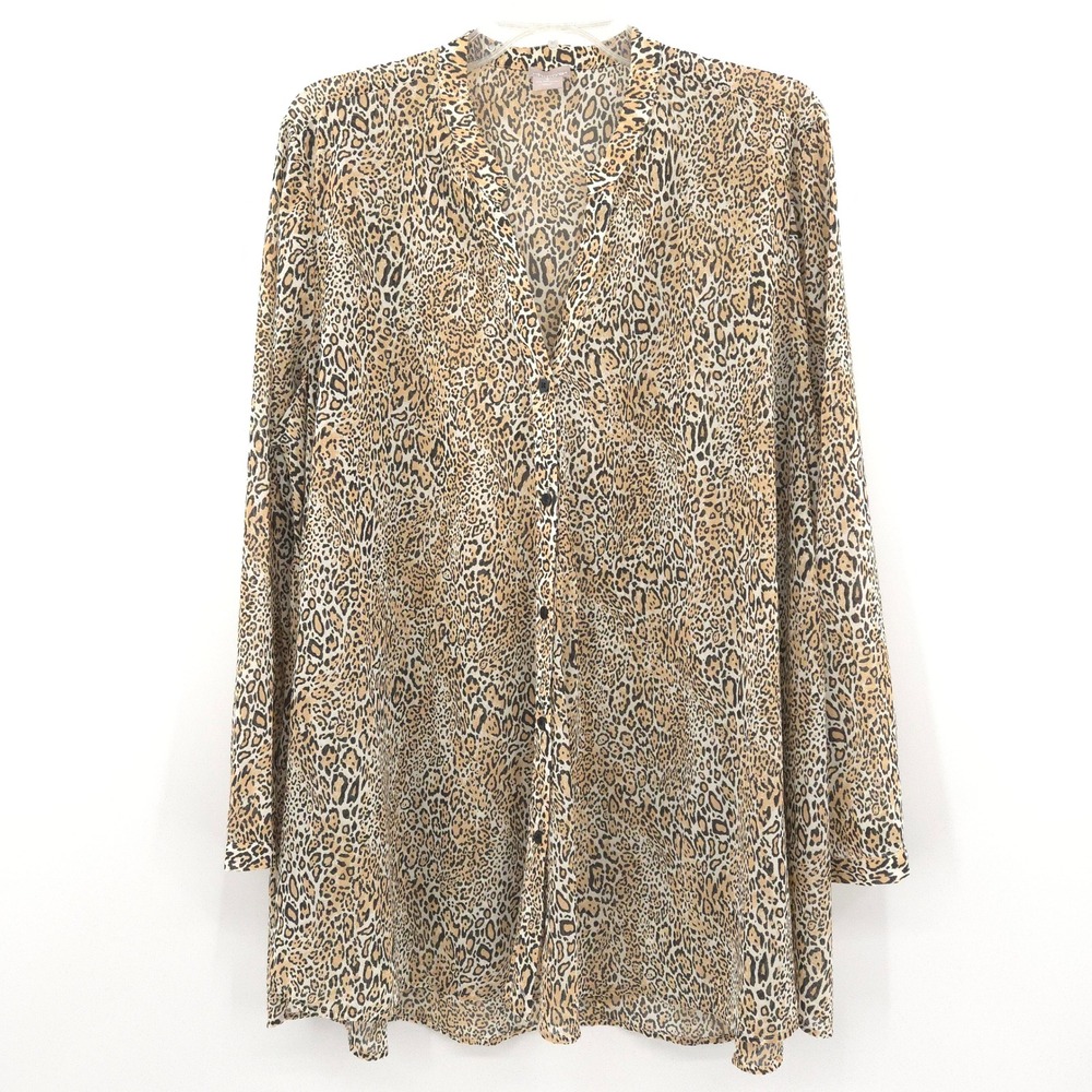 Chico's Button Down Chiffon Tunic Women 3 (XL) Tan Leopard Print Long Sleeve